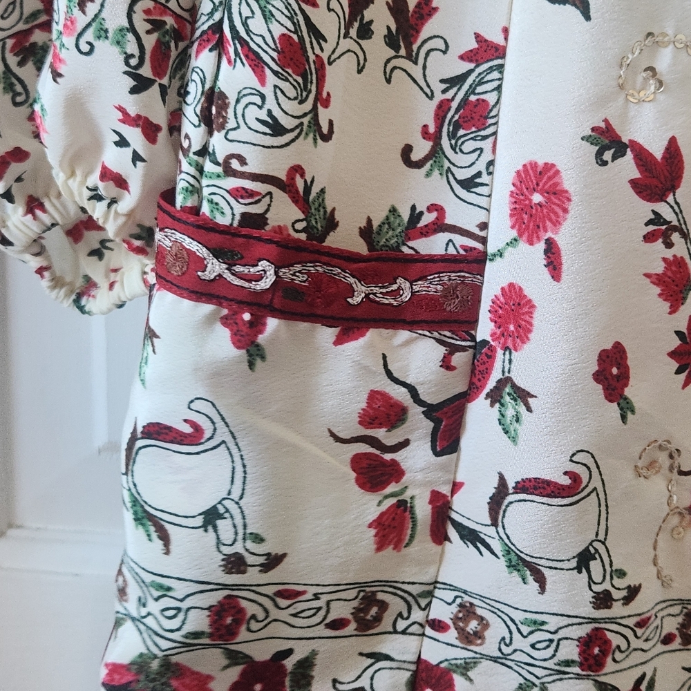 Free People White & Red "Russian Doll" Babydoll Gathered Cuff Long Sleeve Dress - Picture 3 of 10